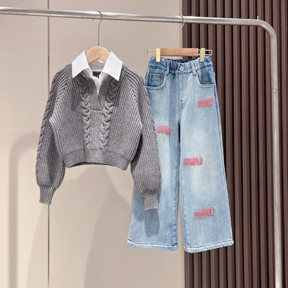 2025 New Style Girls' Autumn/Winter Suit: Stylish Korean Style Casual Knitted Sweater with Fashionable Embroidered Jeans