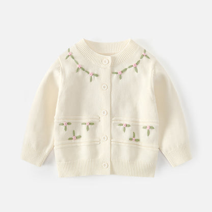 Girls' sweater cardigan princess three-dimensional flower round-neck knitted cotton coat pure color cotton outerwear baby girl A-class sweater
