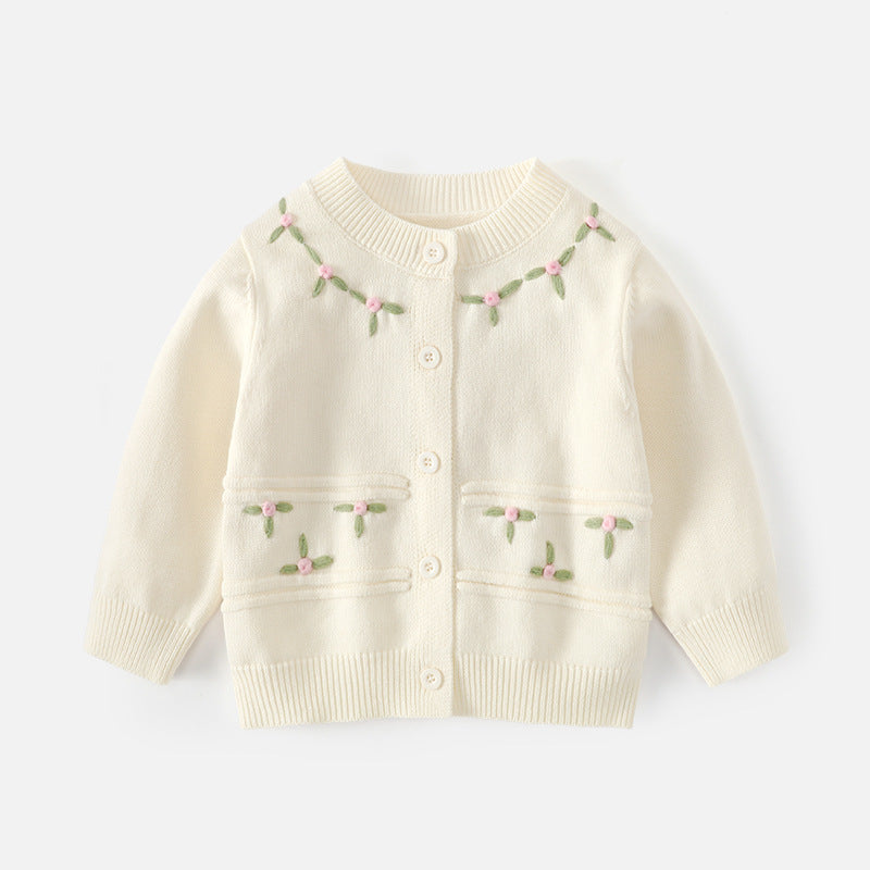 Girls' sweater cardigan princess three-dimensional flower round-neck knitted cotton coat pure color cotton outerwear baby girl A-class sweater