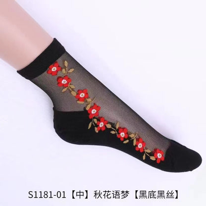 Glass fiber stockings - Children's rose flower sweet anti-slip cotton bottom stockings - Transparent mid-calf women's low-top trendy cotton stockings