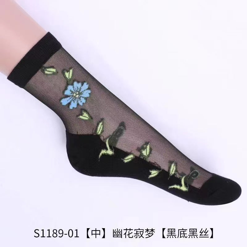 Glass fiber stockings - Children's rose flower sweet anti-slip cotton bottom stockings - Transparent mid-calf women's low-top trendy cotton stockings