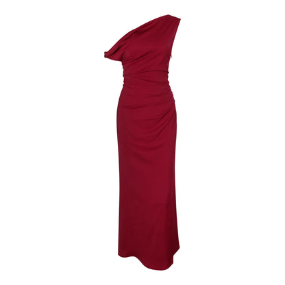 Women's fashionable asymmetric single-shoulder elegant cinched-waist French-style dress for long women's skirts with high-quality texture and luxurious feel