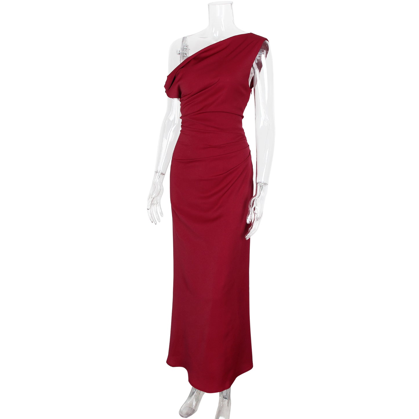 Women's fashionable asymmetric single-shoulder elegant cinched-waist French-style dress for long women's skirts with high-quality texture and luxurious feel