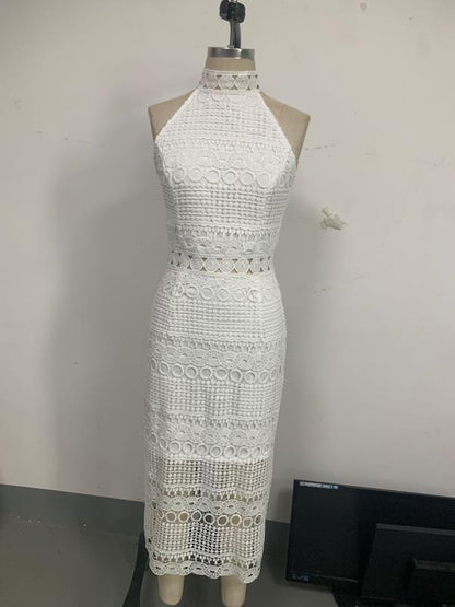 Lace Lady's mid-length dress with sleeveless design, fitted and sexy, elegant women's clothing