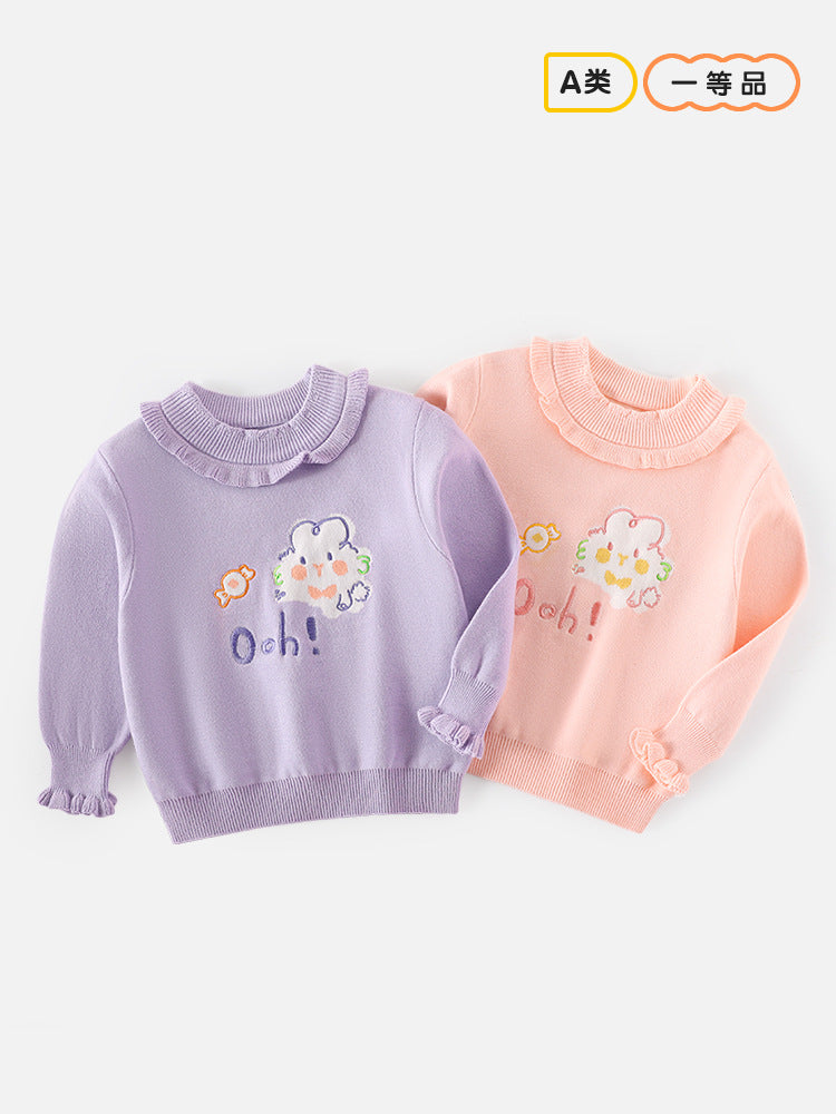 Cute little rabbit sweater for girls with cartoon-style embroidery and fringed edges. Round-neck pullover. New style. Stylish children's base layer sweater.