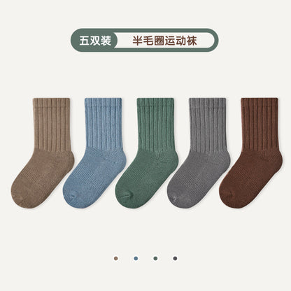 秋冬加厚儿童袜子批发半毛圈保暖儿童中筒袜纯色毛巾底男女童袜子