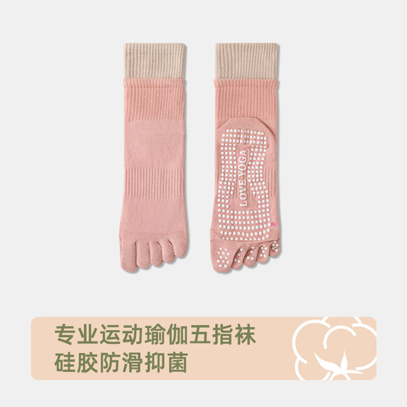 Yoga socks - Professional anti-slip women's socks made of pure cotton, five-fingered socks, Pilates split-toe socks, women's indoor fitness mid-calf socks