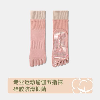 Yoga socks - Professional anti-slip women's socks made of pure cotton, five-fingered socks, Pilates split-toe socks, women's indoor fitness mid-calf socks