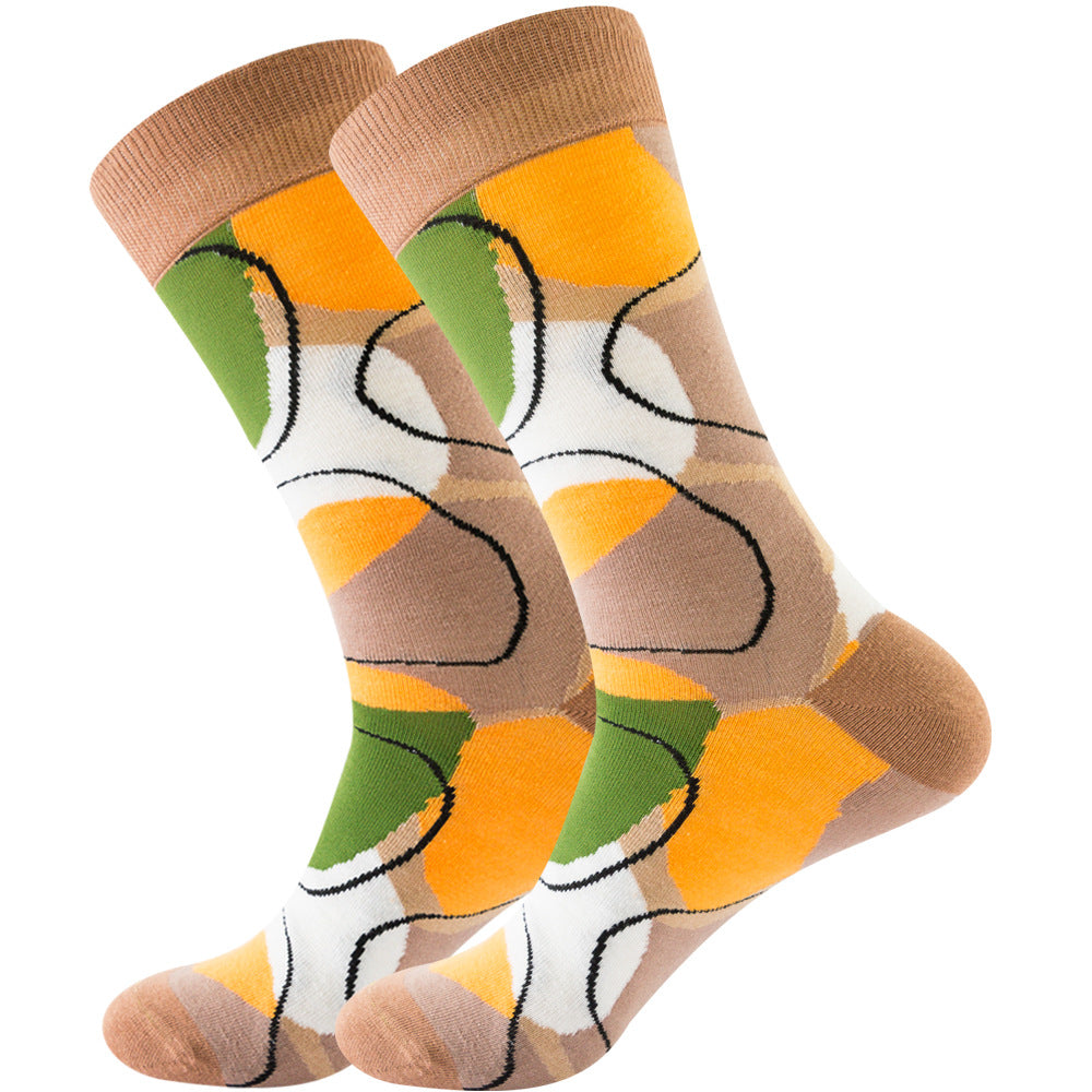 The same style striped men's and women's socks, trendy and colorful, for street wear, featuring a bold and unique design in mid-calf length.