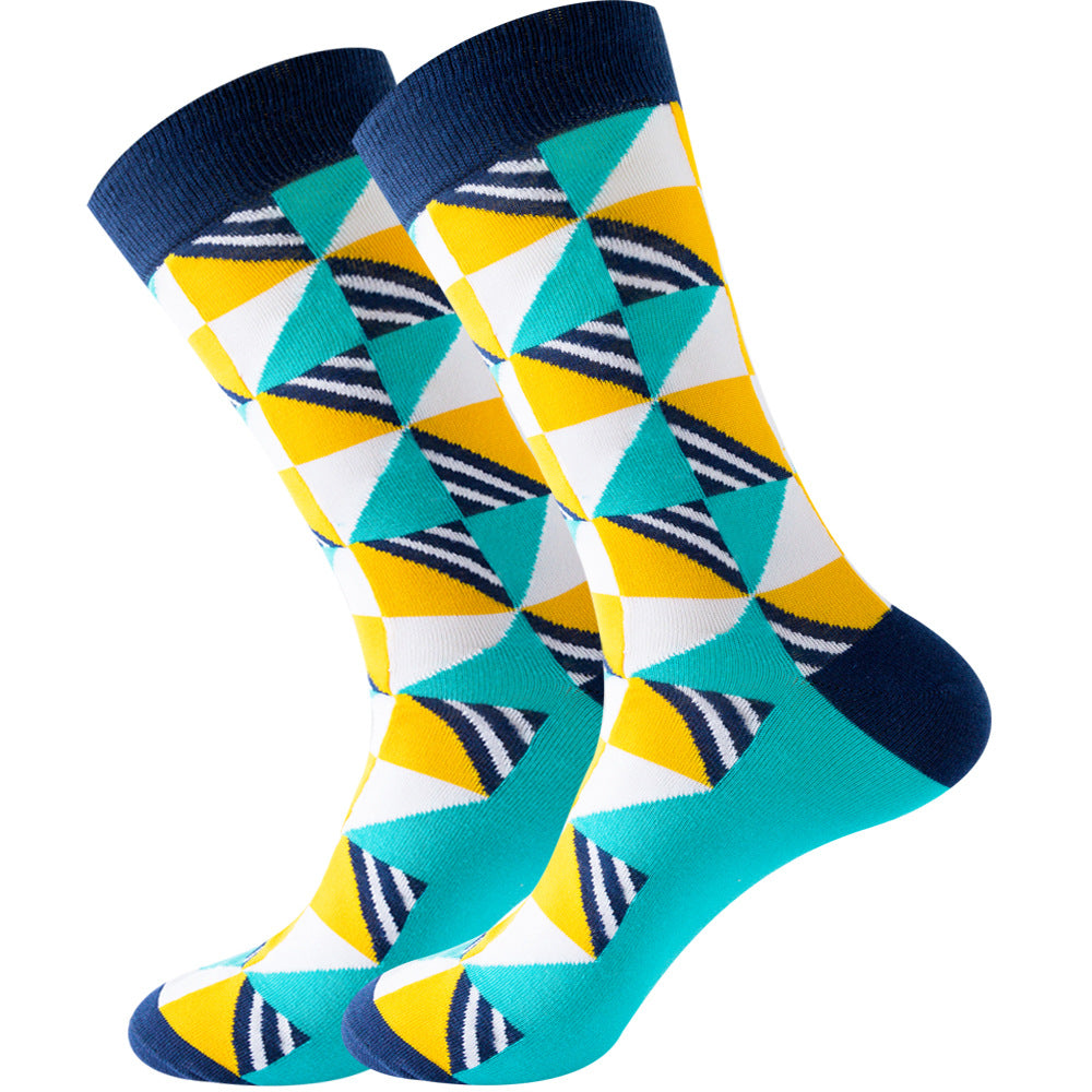 The same style striped men's and women's socks, trendy and colorful, for street wear, featuring a bold and unique design in mid-calf length.