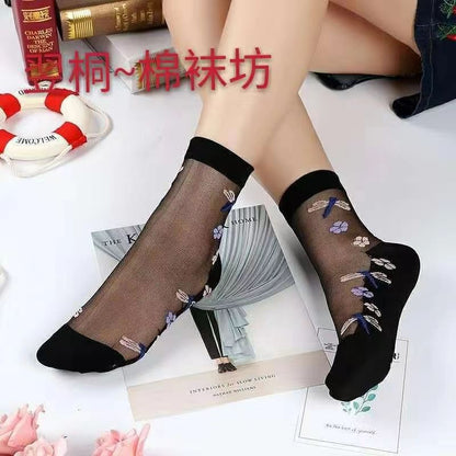Glass fiber stockings - Children's rose flower sweet anti-slip cotton bottom stockings - Transparent mid-calf women's low-top trendy cotton stockings