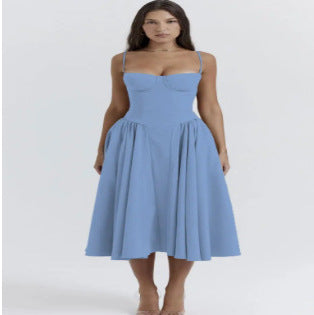 Summer off-the-shoulder dress in new style with a waistline, fashionable and sexy red strapless dress for women