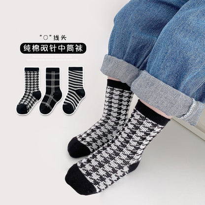 儿童袜子秋冬新款双针中筒袜韩系复古男童女童宝宝运动潮袜批发