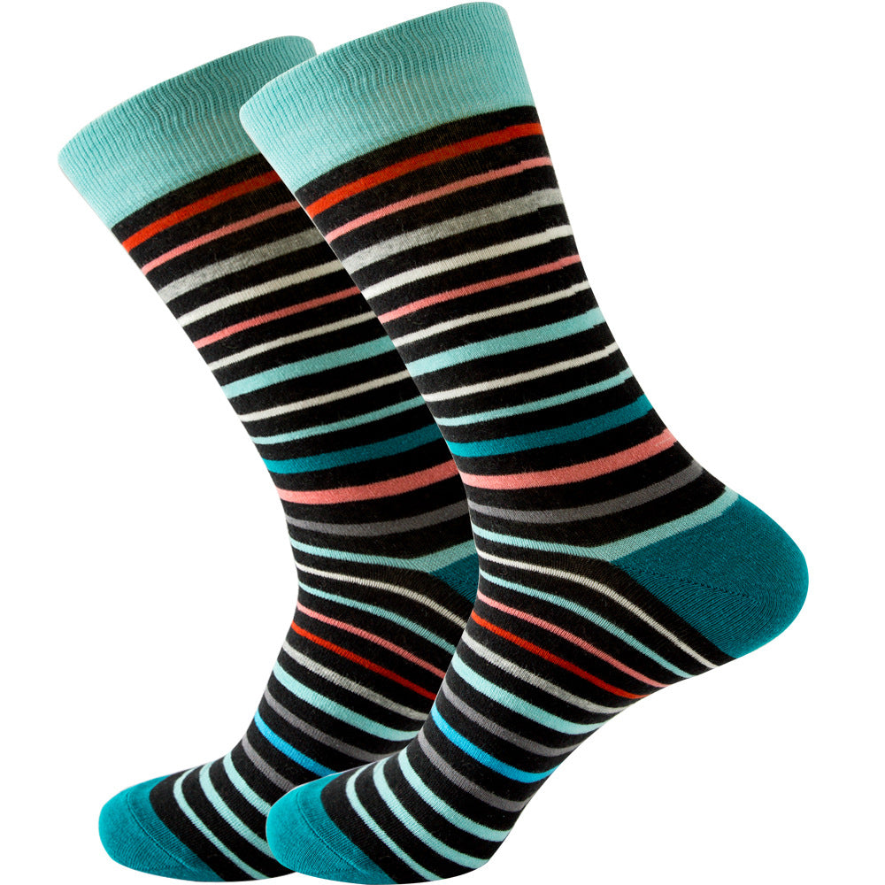 The same style striped men's and women's socks, trendy and colorful, for street wear, featuring a bold and unique design in mid-calf length.