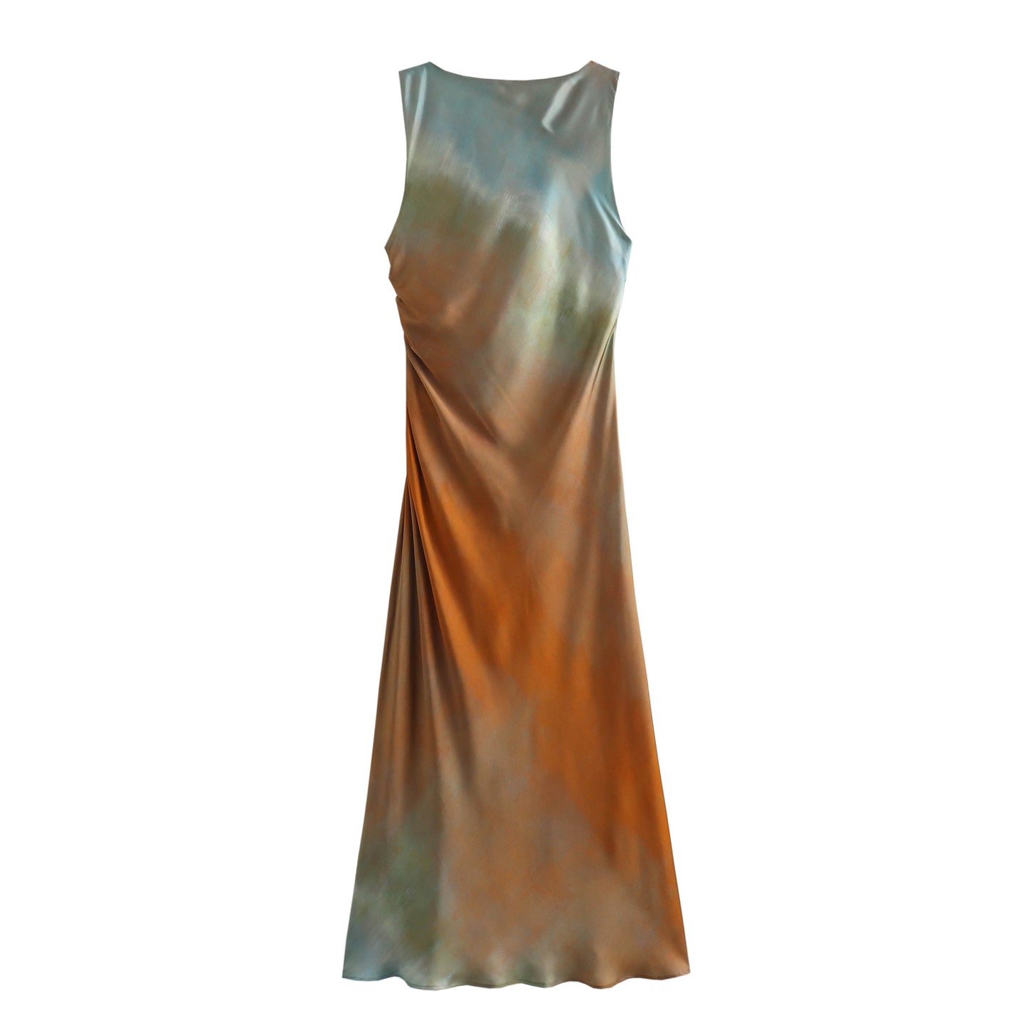 Summer women's dress with tie-dye printed satin fabric, sleeveless, pleated, fitted, and with a flared silhouette