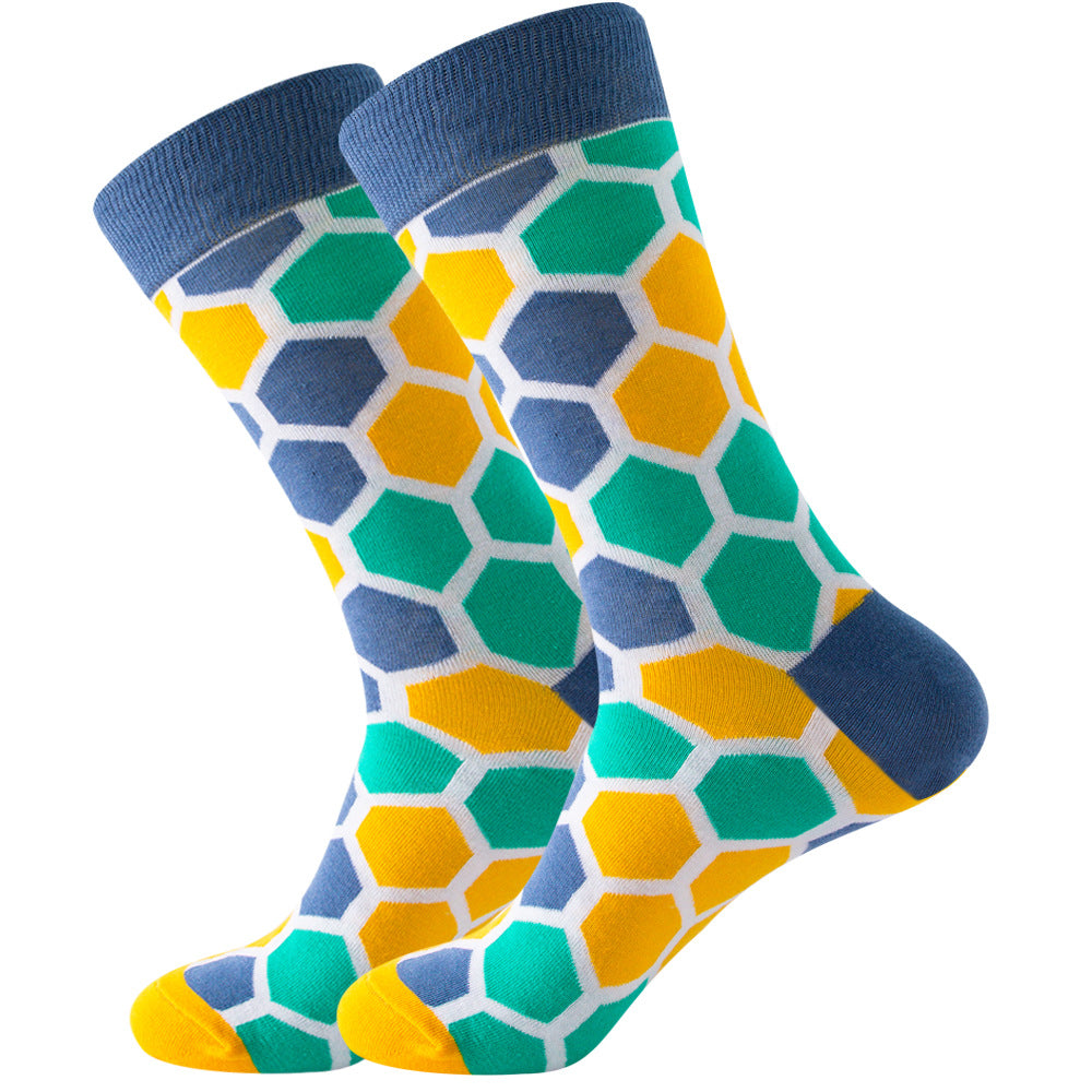 The same style striped men's and women's socks, trendy and colorful, for street wear, featuring a bold and unique design in mid-calf length.
