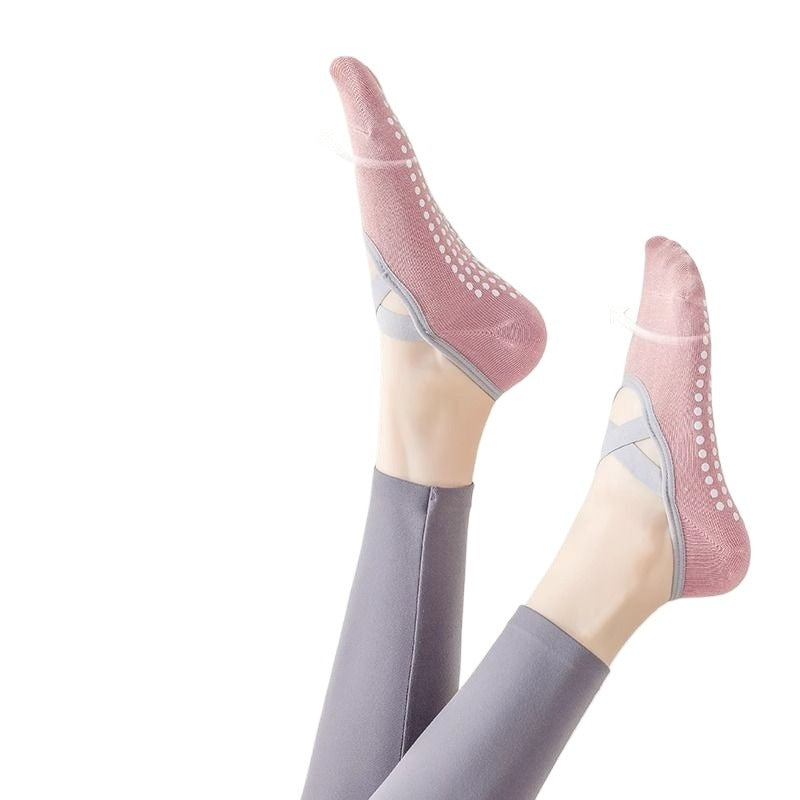 Professional yoga socks - silicone anti-slip socks for children. Summer indoor fitness sports socks with cross laces. Pilates socks.