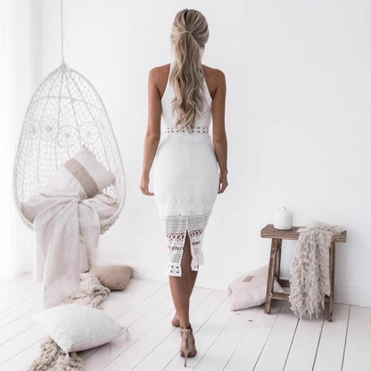 Lace Lady's mid-length dress with sleeveless design, fitted and sexy, elegant women's clothing