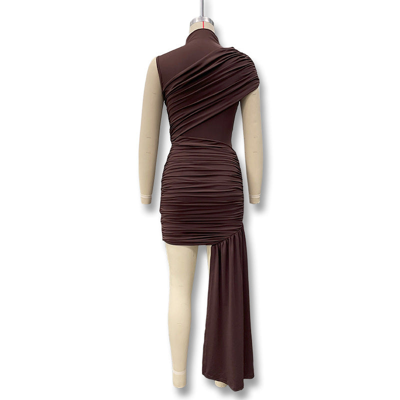 Summer beauty dress - solid color round-neck pleated ruffled halter-neck asymmetrical sleeveless A-line dress