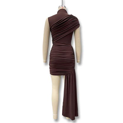 Summer beauty dress - solid color round-neck pleated ruffled halter-neck asymmetrical sleeveless A-line dress