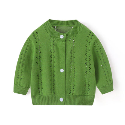 Spring and Summer Baby Lightweight Knitted Cardigan - Air Conditioner Protection Cooling Suit - Class A Cotton Long-Sleeved Children's Solid Color Breathable Round Collar Coat
