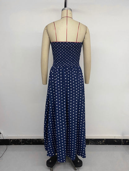 French-style elegant polka dot printed dress with sleeveless, plunging neckline and fitted waist for women