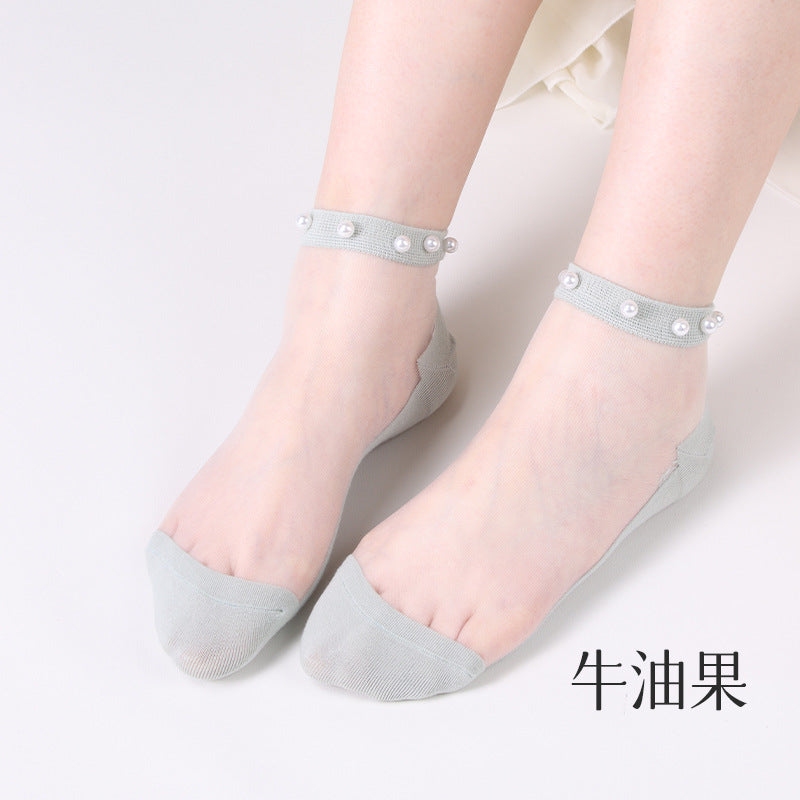 Pearl stockings - children's short socks. Light-mouthed lace summer lightweight netting transparent glass thread crystal socks.