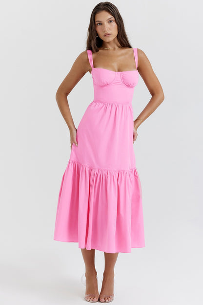 Women's sleeveless bandeau halter top with lace and solid color mid-length spicy style dress with floral pattern cake-shaped A-line skirt