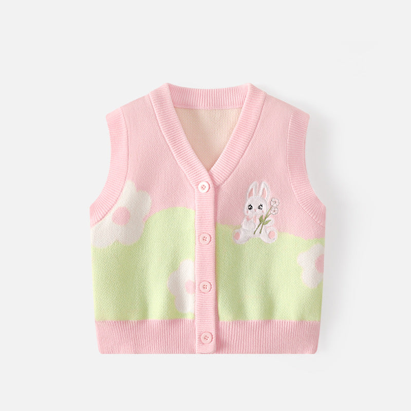 Girls' V-neck blazer made of A-grade cotton, with cartoonish knitted top, suitable for spring and autumn, a warm sweater for girls, girls' coat