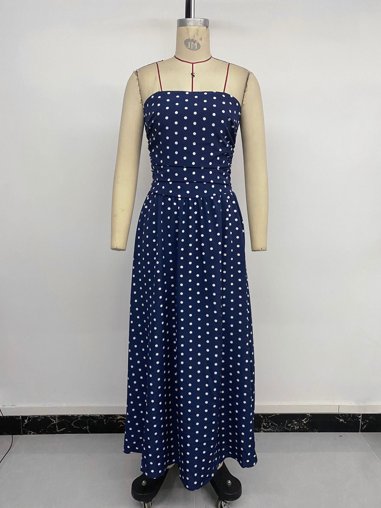 French-style elegant polka dot printed dress with sleeveless, plunging neckline and fitted waist for women