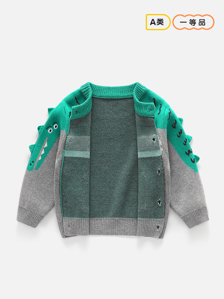Children's sweater cardigan - Type A knitted sweater in Korean style featuring cartoon dinosaurs on the front, double-layer design, round neck.