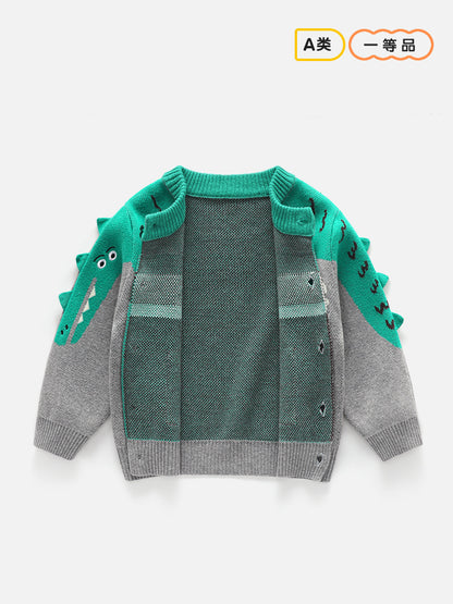 Children's sweater cardigan - Type A knitted sweater in Korean style featuring cartoon dinosaurs on the front, double-layer design, round neck.
