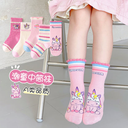 新款女童袜子春秋森系藏青碎花中筒袜日系花边蝴蝶结公主袜儿童袜