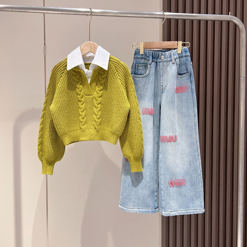 2025 New Style Girls' Autumn/Winter Suit: Stylish Korean Style Casual Knitted Sweater with Fashionable Embroidered Jeans