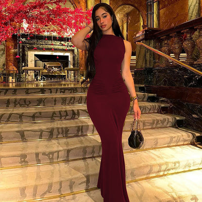 Women's Spring Fashion Style Slim-Fitting Ruffled Solid-color Short-Sleeve Dress