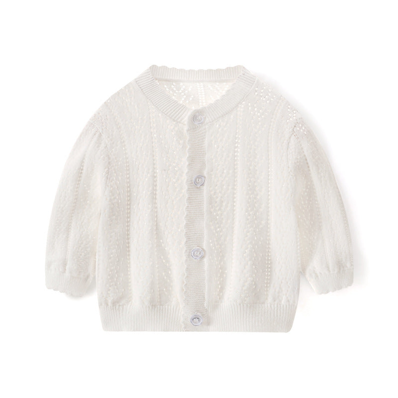 Spring and Summer Baby Lightweight Knitted Cardigan - Air Conditioner Protection Cooling Suit - Class A Cotton Long-Sleeved Children's Solid Color Breathable Round Collar Coat