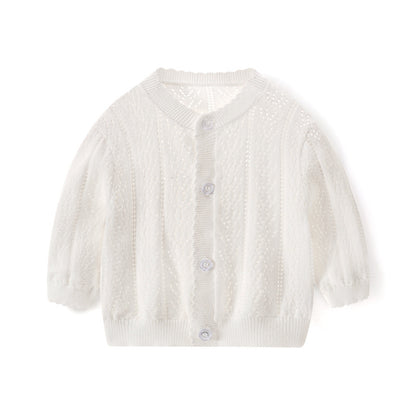 Spring and Summer Baby Lightweight Knitted Cardigan - Air Conditioner Protection Cooling Suit - Class A Cotton Long-Sleeved Children's Solid Color Breathable Round Collar Coat