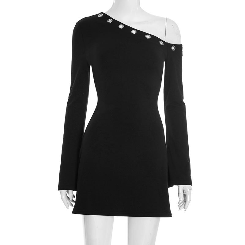 Women's Autumn/Winter Solid Color Slant Collar Openwork Circular Ring Ruffled Long-Sleeved Sleeveless Dress with Shoulder Exposure