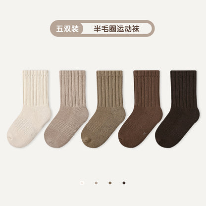 秋冬加厚儿童袜子批发半毛圈保暖儿童中筒袜纯色毛巾底男女童袜子
