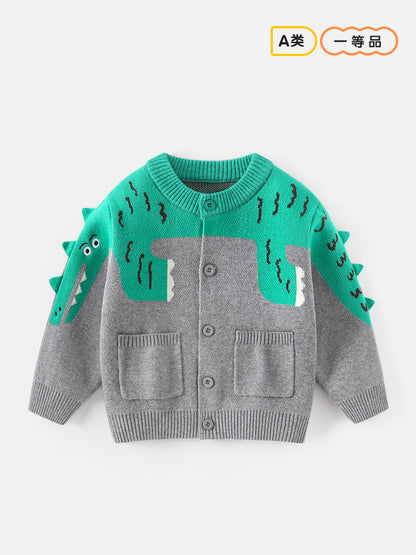 Children's sweater cardigan - Type A knitted sweater in Korean style featuring cartoon dinosaurs on the front, double-layer design, round neck.