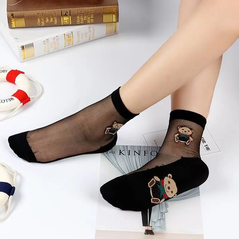 Glass fiber stockings - Children's rose flower sweet anti-slip cotton bottom stockings - Transparent mid-calf women's low-top trendy cotton stockings