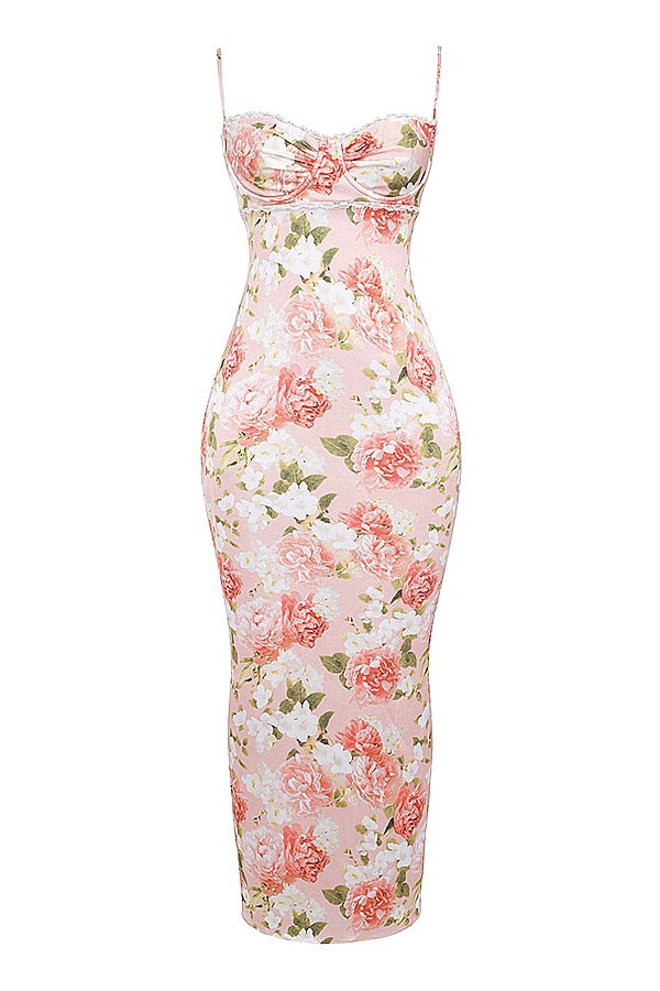 Lace fabric with milk silk texture, pleated at the bust, long and form-fitting dress with floral print on the front.