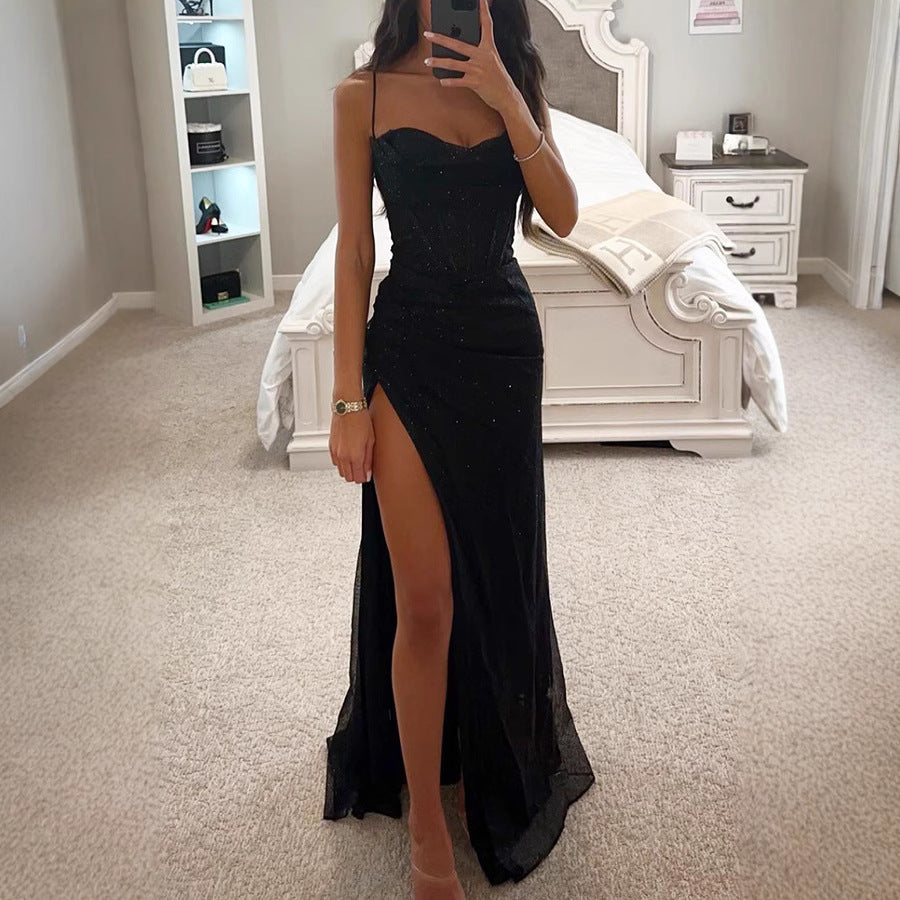 Long dress party fashion halter top dress loose and casual slit women's dress