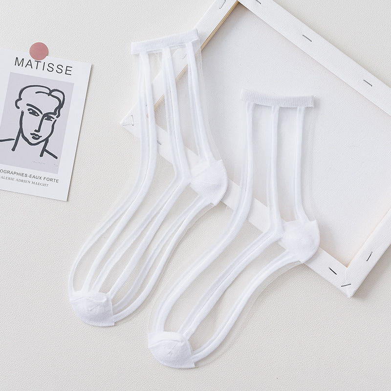 Summer Glass Socks Women's Breathable Mid-Calf Stockings Japanese Style Silk Crystal Stockings Summer Lightweight