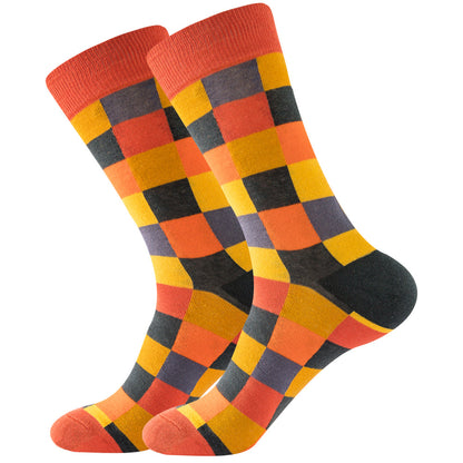 The same style striped men's and women's socks, trendy and colorful, for street wear, featuring a bold and unique design in mid-calf length.