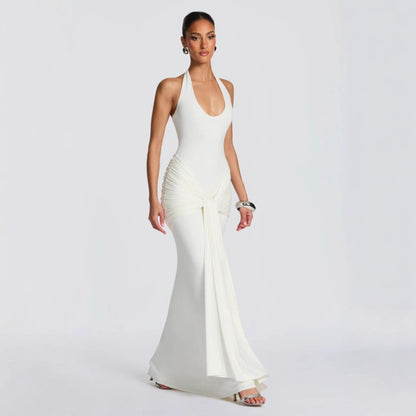 Women's pleated ribbon-spliced halter top long dress with fitted bust and draped neckline formal gown
