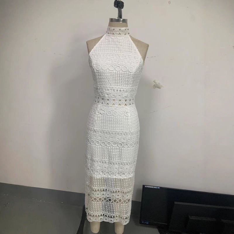 Lace Lady's mid-length dress with sleeveless design, fitted and sexy, elegant women's clothing