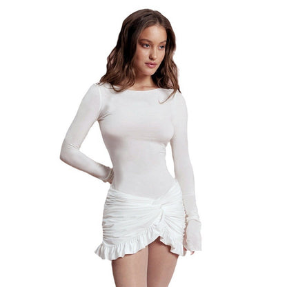 New autumn women's clothing - fashionable round-neck long-sleeved fitted pleated and knotted short-sleeved halter top dress