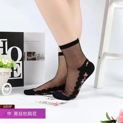 Glass fiber stockings - Children's rose flower sweet anti-slip cotton bottom stockings - Transparent mid-calf women's low-top trendy cotton stockings