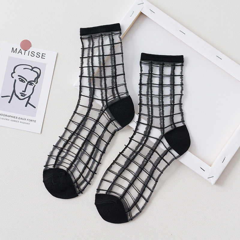 Summer Glass Socks Women's Breathable Mid-Calf Stockings Japanese Style Silk Crystal Stockings Summer Lightweight
